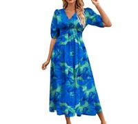 JKJFJKA Robes D'Été Femme Élégantes Boho Imprimé Floral Uni Taille Empire Plage Longue Tendance Col V Manches Courtes Volants Fluide Maxi Robes Bleu M