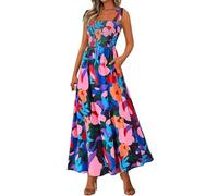 JKJFJKA Robes D'Été Femme Imprimé Floral sans Manches Smockée Poche Boho Bretelles Nouées Ligne A Fluide Robe Plage Longue Robes Violet Clair XL