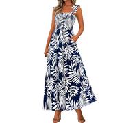 JKJFJKA Robes D'Été Femme Imprimé Floral sans Manches Smockée Poche Boho Bretelles Nouées Ligne A Fluide Robe Plage Longue Robes Bleu foncé 2XL
