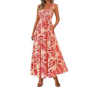 JKJFJKA Robes D'Été Femme Imprimé Floral sans Manches Smockée Poche Boho Bretelles Nouées Ligne A Fluide Robe Plage Longue Robes Rouge 2XL