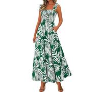 JKJFJKA Robes D'Été Femme Imprimé Floral sans Manches Smockée Poche Boho Bretelles Nouées Ligne A Fluide Robe Plage Longue Robes Vert 2XL