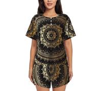 Jkkghll Ensemble de pyjama à manches courtes pour femme, imprimé mandala, respirant pour la maison, le yoga, les vacances, vêtements de nuit légers, Noir , XXL