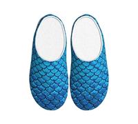 Jkkghll Pantoufles confortables en flanelle avec imprimé écailles de poisson bleu pour intérieur et extérieur, semelle TPR élégante pour un usage quotidien