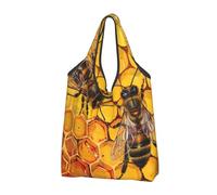 JKLQWC Bee On Lot de 3 sacs de courses pliables imprimés nid d'abeille, sacs fourre-tout réutilisables pour le shopping quotidien et les voyages
