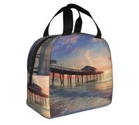 JKLQWC Boîte à déjeuner imprimée Sunset at The Beach Bridge pour homme et femme, joli sac à déjeuner pour le travail, l'école, le pique-nique, sac à déjeuner isotherme réutilisable