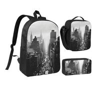 JKLQWC Book Room Ensemble sac à dos 3 pièces avec sac à déjeuner isotherme et trousse à crayons pour étudiants, adolescents, filles, garçons et filles 43,2 cm, New York noir et blanc., Taille unique
