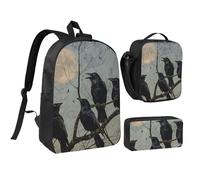 JKLQWC Book Room Ensemble sac à dos 3 pièces avec sac à déjeuner isotherme et trousse à crayons pour étudiants, adolescents, filles, garçons et filles 43,2 cm, Oiseaux corbeaux noirs, Taille unique