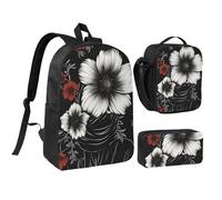 JKLQWC Book Room Ensemble sac à dos 3 pièces avec sac à déjeuner isotherme et trousse à crayons pour étudiants, adolescents, filles, garçons et filles 43,2 cm, Noir avec fleur., Taille unique, Sac à
