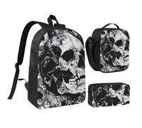JKLQWC Book Room Ensemble sac à dos 3 pièces avec sac à déjeuner isotherme et trousse à crayons pour étudiants, adolescents, filles, garçons et filles 43,2 cm, Crâne humain noir et blanc, Taille