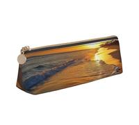 JKLQWC Book Room Mysterious Library Trousse à crayons triangulaire imprimée avec fermeture éclair - Organiseur en cuir léger pour l'école, le bureau, les voyages, le maquillage, Plage avec coucher de