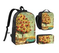JKLQWC Chicago Ensemble sac à dos 3 pièces avec sac à déjeuner isotherme et trousse à crayons pour étudiants, adolescents, filles, garçons 43,2 cm, Voiture sous les arbres fruitiers, Taille unique