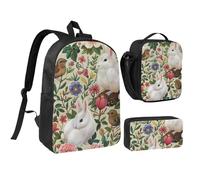 JKLQWC Ensemble sac à dos 3 pièces avec sac à déjeuner isotherme et trousse à crayons avec imprimé graffiti skateboard - 43,2 cm - Pour étudiants, adolescents, filles, garçons, Fleurs, lapins, oiseaux