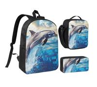 JKLQWC Ensemble sac à dos 3 pièces avec sac à déjeuner isotherme et trousse à crayons avec motif bouledogue français et fleurs, 43,2 cm, pour étudiants, adolescents, filles, garçons, dauphin, Taille