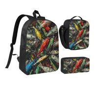 JKLQWC Ensemble sac à dos 3 pièces avec sac à déjeuner isotherme et trousse à crayons avec motif bouledogue français et fleurs, 43,2 cm, pour étudiants, adolescents, filles, garçons, Appâts de pêche