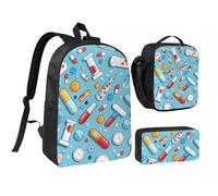 JKLQWC Ensemble sac à dos 3 pièces avec sac à déjeuner isotherme et trousse à crayons pour étudiants, adolescents, filles, garçons - 43,2 cm, Motif de médecine de dessin animé, Taille unique, Sac à