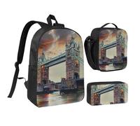 JKLQWC Ensemble sac à dos 3 pièces avec sac à déjeuner isotherme et trousse à crayons pour étudiants, adolescents, filles, garçons - 43,2 cm, Historique Old Bridge de Londres, Taille unique, Sac à dos