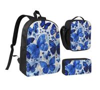 JKLQWC Ensemble sac à dos 3 pièces avec sac à déjeuner isotherme et trousse à crayons pour étudiants, adolescents, filles, garçons et filles, 43,2 cm, Papillons bleus., Taille unique, Sac à dos
