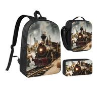 JKLQWC Ensemble sac à dos 3 pièces avec sac à déjeuner isotherme et trousse à crayons pour étudiants, adolescents, filles, garçons - 43,2 cm, Train et chemin de fer, Taille unique, Sac à dos d'école