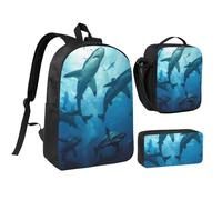 JKLQWC Ensemble sac à dos 3 pièces avec sac à déjeuner isotherme et trousse à crayons pour étudiants, adolescents, filles, garçons - 43,2 cm, Requin marteau., Taille unique, Sac à dos d'école