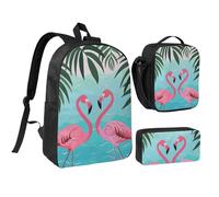 JKLQWC Ensemble sac à dos 3 pièces avec sac à déjeuner isotherme et trousse à crayons pour étudiants, adolescents, filles, garçons et filles 43,2 cm, Couple de feuilles de palmier et flamants roses