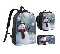 JKLQWC Ensemble sac à dos 3 pièces avec sac à déjeuner isotherme et trousse à crayons pour étudiants, adolescents, filles, garçons - 43,2 cm - Noir et blanc, Bonhomme de neige de Noël, Taille unique