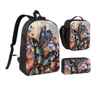 JKLQWC Ensemble sac à dos 3 pièces avec sac à déjeuner isotherme et trousse à crayons pour étudiants, adolescents, filles, garçons - 43,2 cm, Fleurs de papillon., Taille unique, Sac à dos d'école