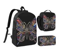 JKLQWC Ensemble sac à dos 3 pièces avec sac à déjeuner isotherme et trousse à crayons pour étudiants, adolescents, filles, garçons - 43,2 cm - Motif chevaux de course, Papillon en strass., Taille