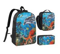 JKLQWC Ensemble sac à dos 3 pièces avec sac à déjeuner isotherme et trousse à crayons pour étudiants, adolescents, filles, garçons - 43,2 cm - Imprimé éléphant, Dauphins Tortue de mer Octopus récif de
