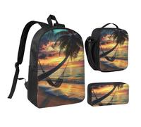 JKLQWC Ensemble sac à dos 3 pièces avec sac à déjeuner isotherme et trousse à crayons pour étudiants, adolescents, filles, garçons - 43,2 cm, Coco Beach Sunset Hamac, Taille unique, Sac à dos d'école