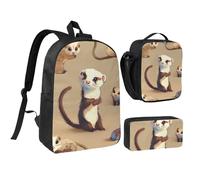 JKLQWC Ensemble sac à dos 3 pièces avec sac à déjeuner isotherme et trousse à crayons pour étudiants, adolescents, filles, garçons - 43,2 cm - Imprimé éléphant, Adorable furet poilu, Taille unique