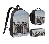 JKLQWC Ensemble sac à dos 3 pièces avec sac à déjeuner isotherme et trousse à crayons pour étudiants, adolescents, filles, garçons - 43,2 cm, Jeunes pingouins avec neige, Taille unique, Sac à dos