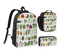 JKLQWC Ensemble sac à dos 3 pièces avec sac à déjeuner isotherme et trousse à crayons pour étudiants, adolescents, filles, garçons et filles, 43,2 cm, Présentation de divers légumes, Taille unique
