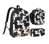 JKLQWC Ensemble sac à dos 3 pièces avec sac à déjeuner isotherme et trousse à crayons pour étudiants, adolescents, filles, garçons - 43,2 cm - Imprimé éléphant, Teckel Chiens noirs, Taille unique, Sac