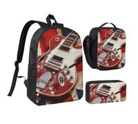 JKLQWC Ensemble sac à dos 3 pièces avec sac à déjeuner isotherme et trousse à crayons pour étudiants, adolescents, filles, garçons - 43,2 cm, Guitare drapeau anglais, Taille unique, Sac à dos d'école