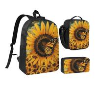 JKLQWC Ensemble sac à dos 3 pièces avec sac à déjeuner isotherme et trousse à crayons pour étudiants, adolescents, filles, garçons - 43,2 cm, Papillon et tournesol., Taille unique, Sac à dos d'école