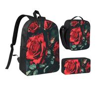 JKLQWC Ensemble sac à dos 3 pièces avec sac à déjeuner isotherme et trousse à crayons pour étudiants, adolescents, filles, garçons - Motif tête de mort 1 - 43,2 cm, Imprimé rose rouge, Taille unique