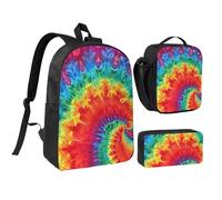 JKLQWC Ensemble sac à dos 3 pièces avec sac à déjeuner isotherme et trousse à crayons pour étudiants, adolescents, filles, garçons - Motif tortue de mer - 43,2 cm, Tie-dye arc-en-ciel rouge, Taille