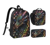JKLQWC Ensemble sac à dos 3 pièces avec sac à déjeuner isotherme et trousse à crayons pour étudiants, adolescents, filles, garçons - 43,2 cm - Imprimé éléphant, Échelle de dragon, Taille unique, Sac à