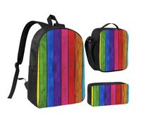 JKLQWC Ensemble sac à dos 3 pièces avec sac à déjeuner isotherme et trousse à crayons pour étudiants, adolescents, filles, garçons - 43,2 cm - Motif chevaux de course, Fond en bois aux couleurs de
