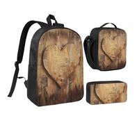 JKLQWC Ensemble sac à dos 3 pièces avec sac à déjeuner isotherme et trousse à crayons pour étudiants, adolescents, filles, garçons - 43,2 cm, Cœur en bois., Taille unique, Sac à dos d'école