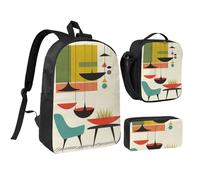 JKLQWC Ensemble sac à dos 3 pièces imprimé moderne du milieu du siècle, sac d'école de 43,2 cm avec sac à déjeuner isotherme et trousse à crayons, pour étudiants, adolescents, filles, garçons