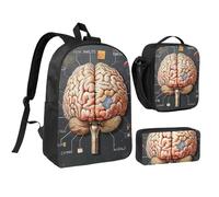 JKLQWC Ensemble sac à dos 3 pièces imprimé moderne du milieu du siècle, sac d'école de 43,2 cm avec sac à déjeuner isotherme et trousse à crayons, pour étudiants, adolescents, filles, garçons, Cerveau