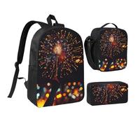 JKLQWC Ensemble sac à dos d'Halloween 3 pièces avec sac à déjeuner isotherme et trousse à crayons pour étudiants, adolescents, filles, garçons - 43,2 cm, Feux d'artifice la nuit, Taille unique, Sac à