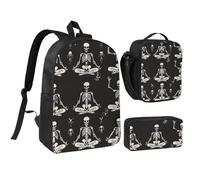JKLQWC Ensemble sac à dos imprimé Saint-Valentin 3 pièces, 43,2 cm, sac à déjeuner isotherme et trousse à crayons pour étudiants, adolescents, filles, garçons, Skull Yoga, Taille unique, Sac à dos