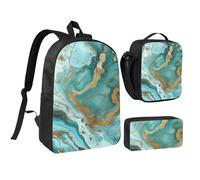 JKLQWC Ensemble sac à dos imprimé Saint-Valentin 3 pièces, 43,2 cm, sac à déjeuner isotherme et trousse à crayons pour étudiants, adolescents, filles, garçons, Marbre doré turquoise., Taille unique
