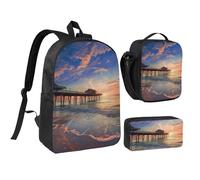 JKLQWC Ensemble sac à dos imprimé Saint-Valentin 3 pièces, 43,2 cm, sac à déjeuner isotherme et trousse à crayons pour étudiants, adolescents, filles, garçons, Coucher de soleil sur le pont de plage
