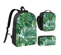 JKLQWC Ensemble sac à dos imprimé Saint-Valentin 3 pièces, 43,2 cm, sac à déjeuner isotherme et trousse à crayons pour étudiants, adolescents, filles, garçons, Feuilles de bananier tropical, Taille