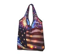 JKLQWC Firework USA Flag Sac de courses pliable imprimé 4 juillet 1 pièce, sac fourre-tout réutilisable pour courses quotidiennes et voyages