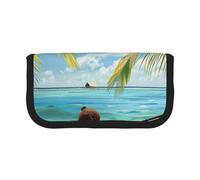 JKLQWC Jolie trousse à crayons en toile - Motif tête de mort 1 pochette de papeterie et de maquillage, grande capacité pour voyage, école, bureau, cadeaux, Seaside Boat Feuilles de noix de coco