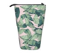 JKLQWC Jolie trousse à crayons rétractable debout avec imprimé loup hurlant et trousse de maquillage pour voyage, école, bureau, cadeaux, Feuilles de palmier vertes roses., One Size, Trousse de
